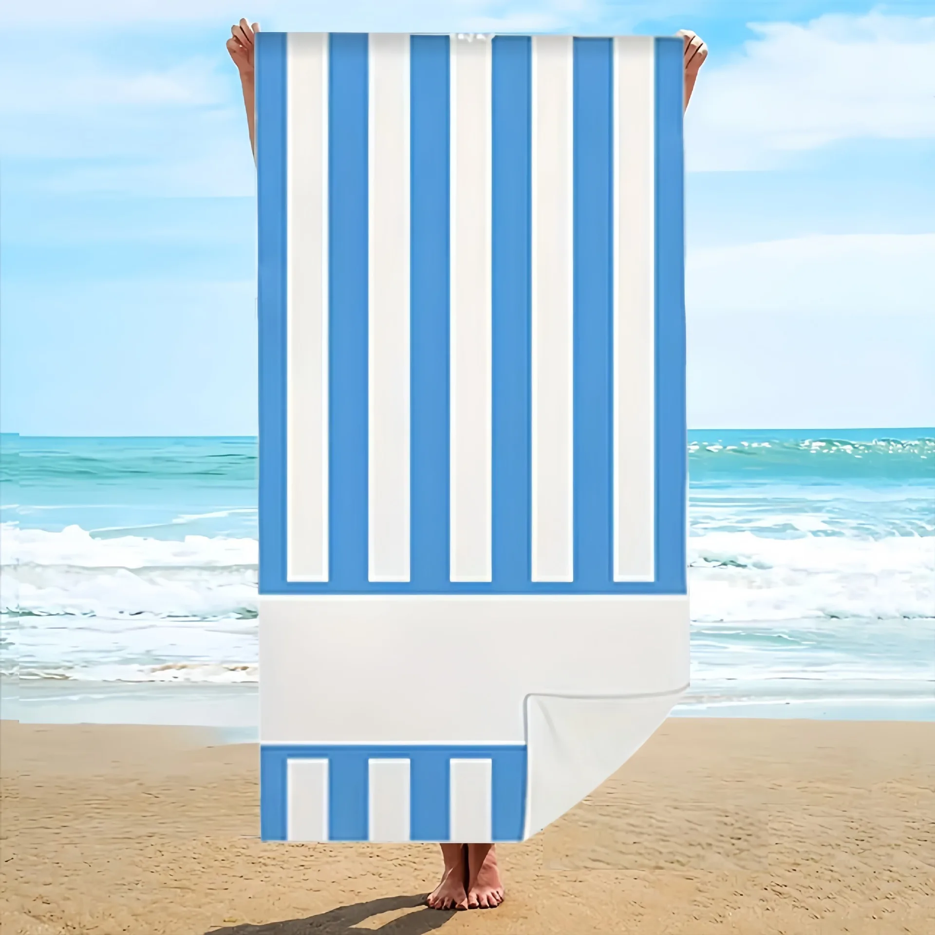 

Blue White Striped Beach Towel Polyester Quick Dry Bath Towel Sand Free Large Blanket for Summer Pool Travel Seaside Outdoor