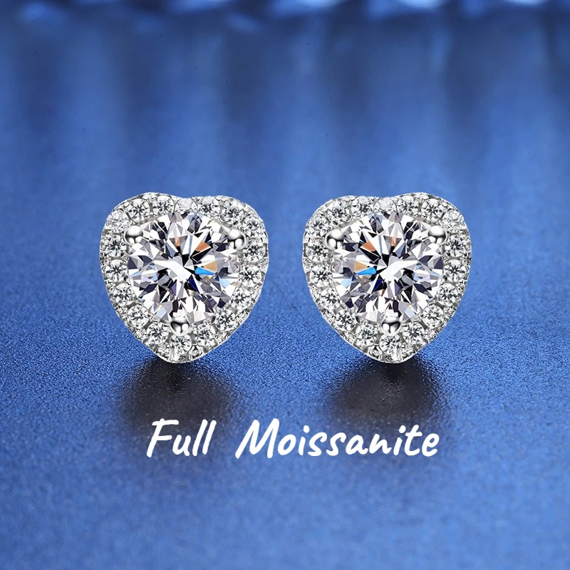 

100% 925 Sterling Silver Stud Earrings VVS D Color Moissanite Simple Heart For Women Girl Engagement Party Fine Jewelry Gift