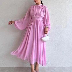 Fashion Half High Collar Mesh Maxi Dress 2024 Women Solid Pleated Bridesmaid Dress New Spring Elegant Long Sleeved Waist Dresses