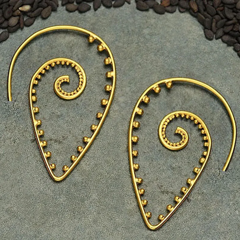 Gypsy Gold Color Hollow Spiral Hoop Earrings Ethnic Jewelry Whirl Metal Design Loop Earrings For Women