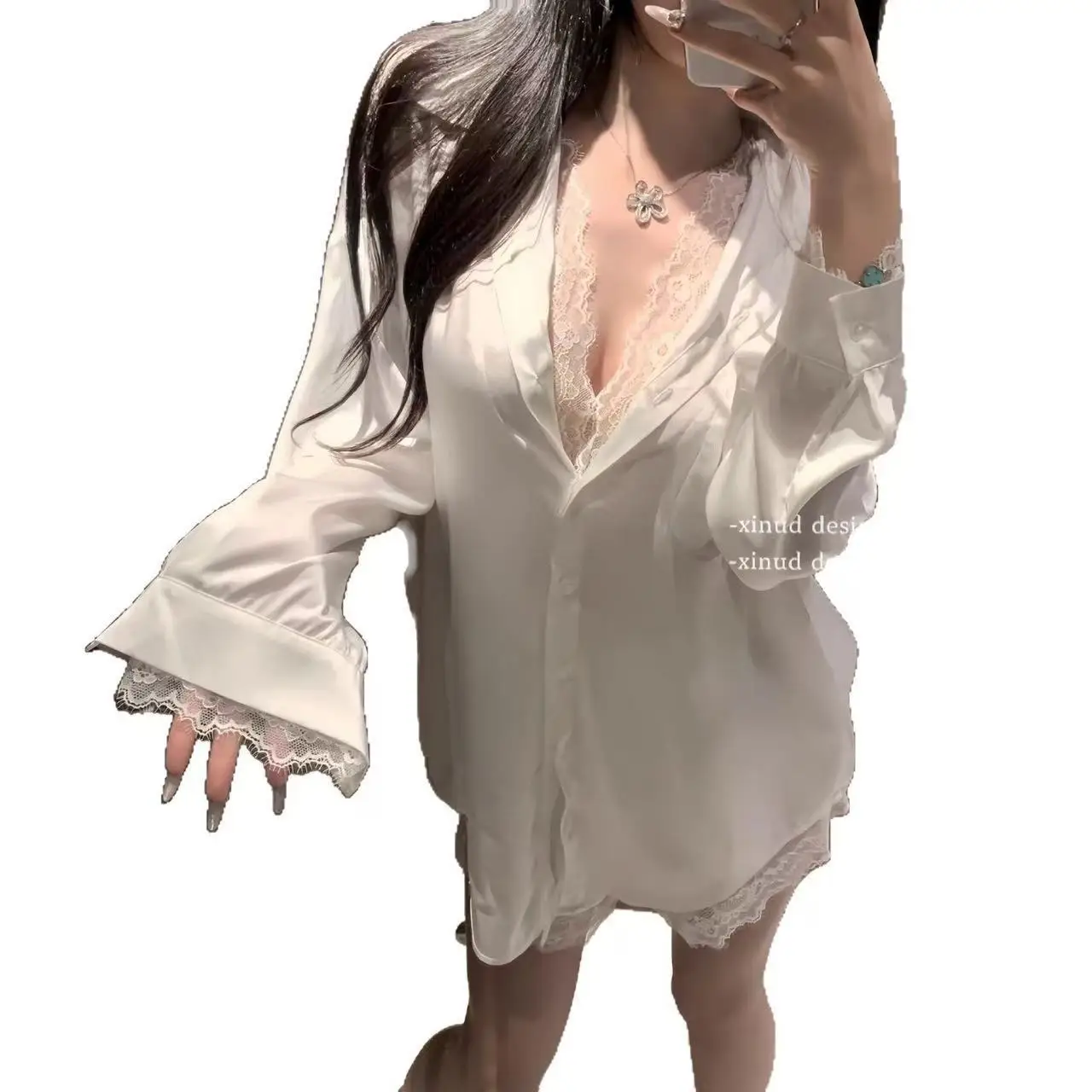 

New Nightdress Sexy Lace Trimmed Shirt Ice Silk Long Sleeve Boyfriend Style Pajamas Women's Home Wear White Shirt Thin 4XH8
