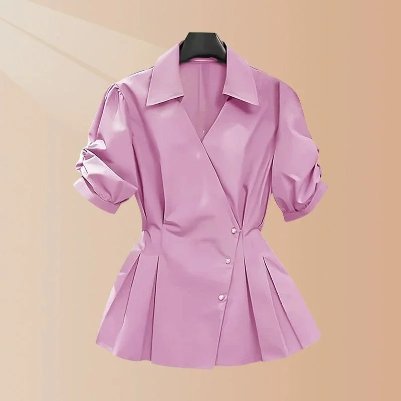 

New Summer Elegant Shirt Women Solid Color Turn Down Collar Short Sleeve Single Breasted Pleated Slim Blouse Fashion Top