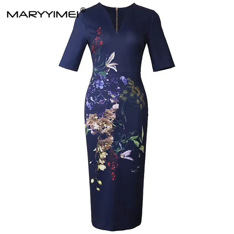 

MARYYIMEI Designer Fashion Summer V-Neck Dress Women's Short Sleeve Vintage Flower Print Package Buttocks Midi Dresses XXL