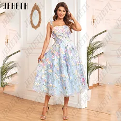 JEHETH Embroidery Lace A-Line Prom Dresses Spaghetti Straps 3D Flowers Pastrol فساتين سهرات Party Gowns Tea-Length Sky Blue