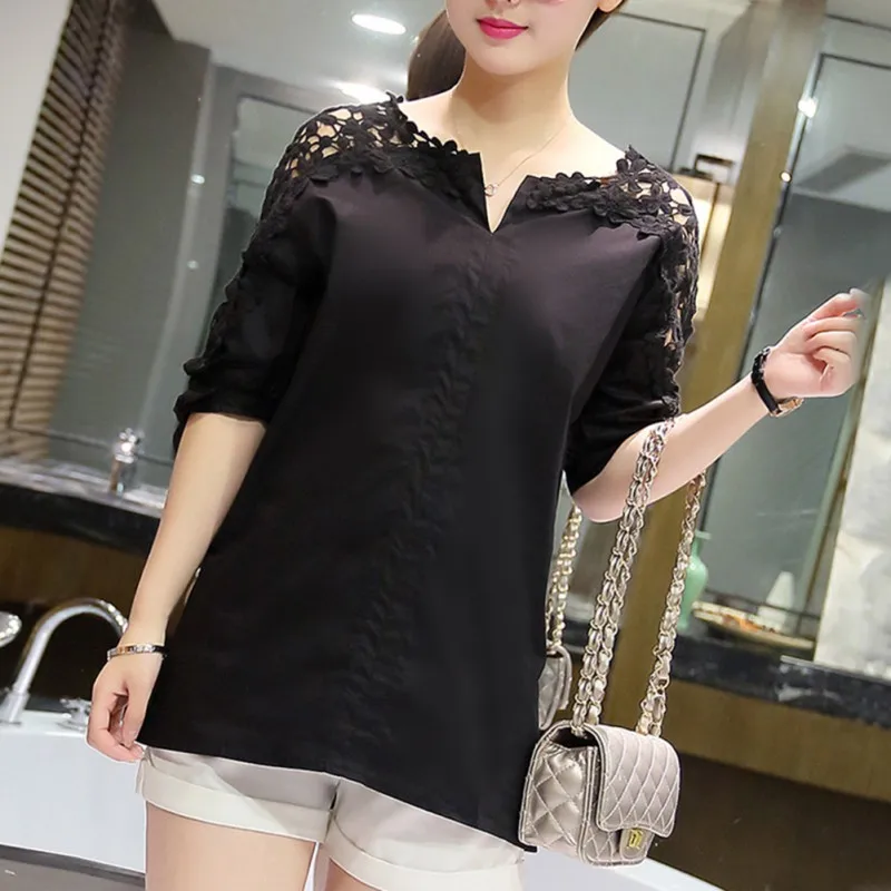 Summer Women Solid Hollow Out Blouse Top Fashion Casual Cotton Half Sleeve V-neck Shirts Big Size