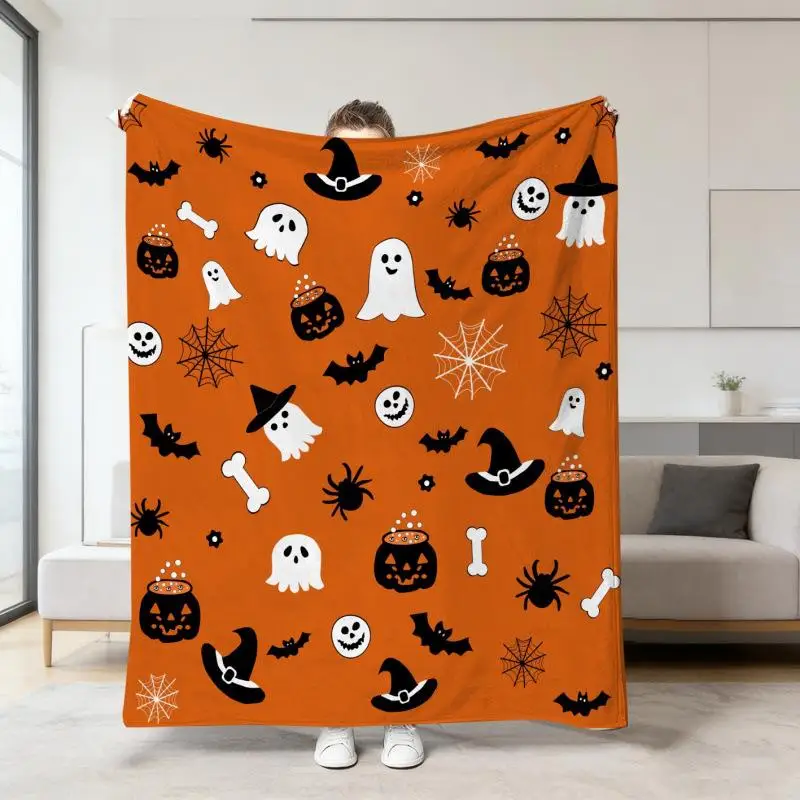 Halloween Warme Weiche Decke mit Geister-, Kürbis- und Totenkopf-Druck, Flanell-Schlafdecken, Multifunktionale Dekorative Decken – Detail 24