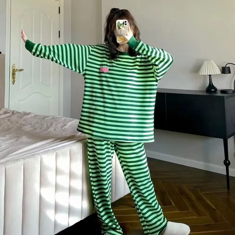 حجم كبير Ins الاتجاه منامة النساء الربيع قوس قزح مخطط فضفاض بأكمام طويلة البلوز بنطلون دعوى طالب عنبر المتسكعون