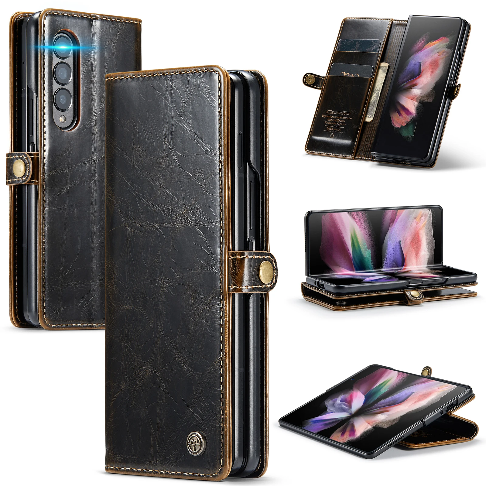 

Caseme Full Protection Vintage Business Leather Flip Case for Samsung Galaxy Z Fold 5 4 3 Fold5 Zfold4 Card Pocket Phone Cover