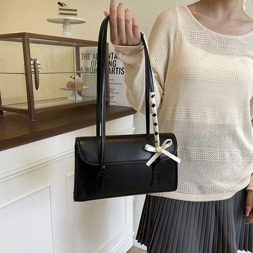 

Fashion Solid Color Bow Ribbons Shoulder Bag Pu Leather Y2k Large Capacity Underarm Bag Sweet Leisure Women's Handbag Girls