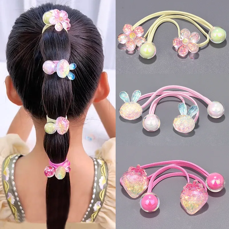 Laços de cabelo com flores brilhantes, 2 peças, laços de cabelo com contas coloridas – laços de cabelo infantis para rabo de cavalo, elast de cabelo de fio duplo envolvente