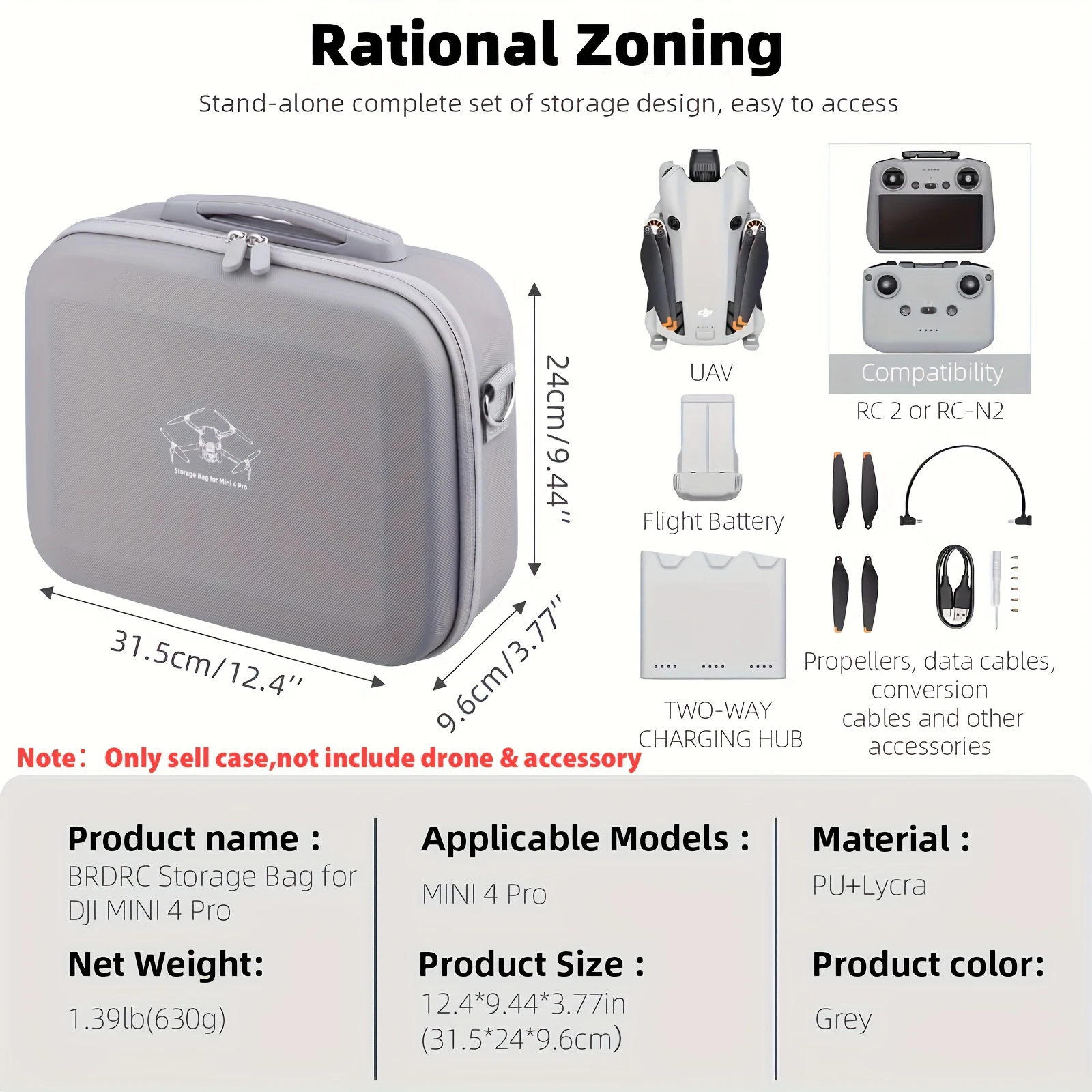 Mini 4 Pro RC 2 Case, Large Capacity Portable PU Leather Storage Bag for DJI Mini 4 Pro Fly More Combo Drone RC2 Controller Kit