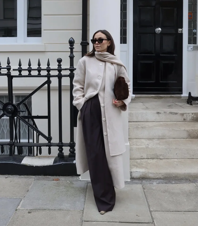 

Women's Loose Long Jacket Autumn Winter Single Breasted O-Neck Solid Color Warm Elegant Coat with Scarf