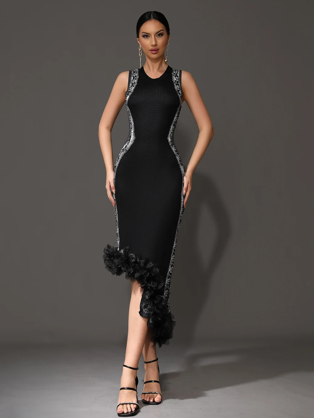 Modphy 2024 Asymmetrical 3D Flowers Appliques Round Collar Bodycon Knit Sleeveless Maxi Dresses Celebrity Party Cocktail Gowns