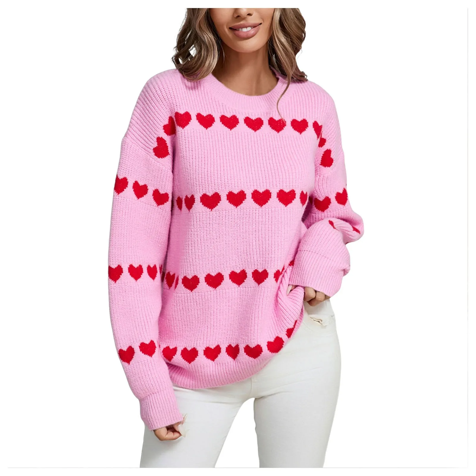 

Women's Cute Heart r Autumn Womens Plus Size Jumpers Jacquard Sweaters Long Sleeve Crew Neck Pullovers Casual Oversized Sweate