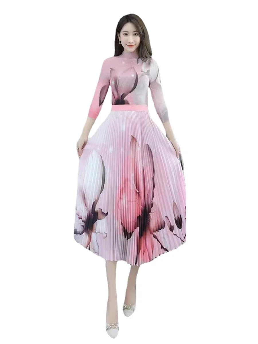 

Miyake Pleated Women's Set 2024 Spring New Fashion Print Long Sleeve Slim Fit High Waist Top+Skirt Two-piece Set