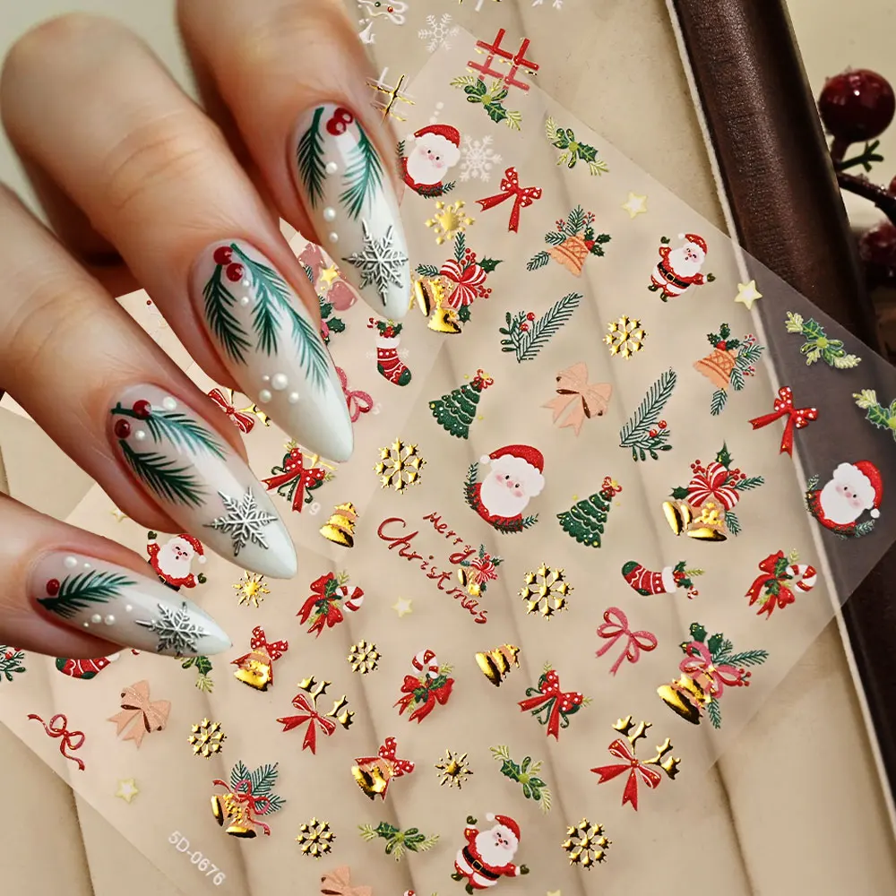 5D Christmas Bell/Pine Branches/Bow Nail Stickers Kawaii Santa Claus Nail Decals Self-adhesive New Year Winter Nail Supplies 8*