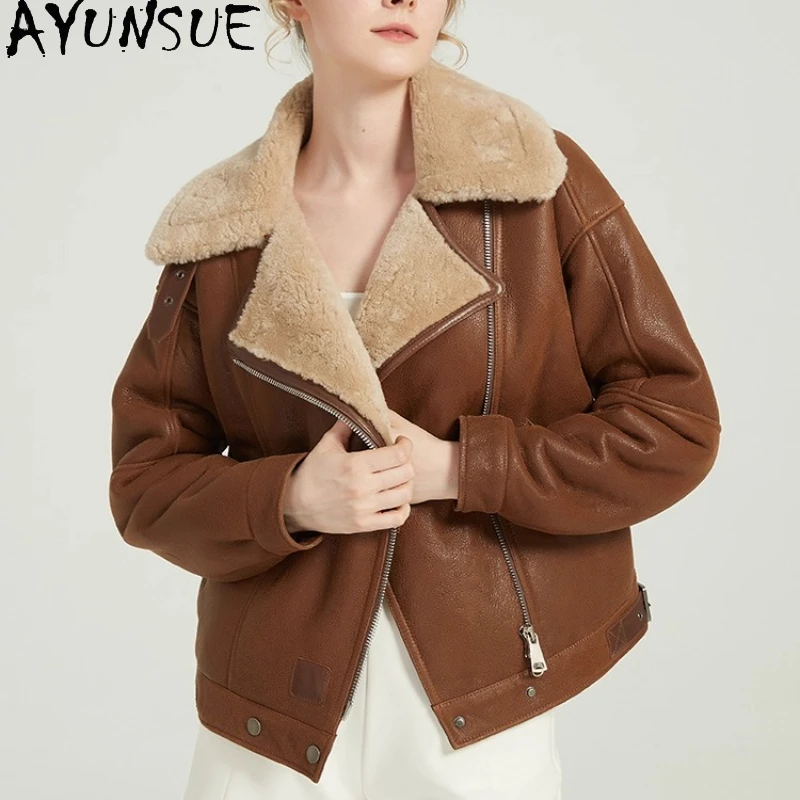 Ayunsue jaqueta de couro real de pele de carneiro feminina casaco de pele natural à prova de frio jaquetas de motocicleta mulher roupas de inverno 2025 streetwear