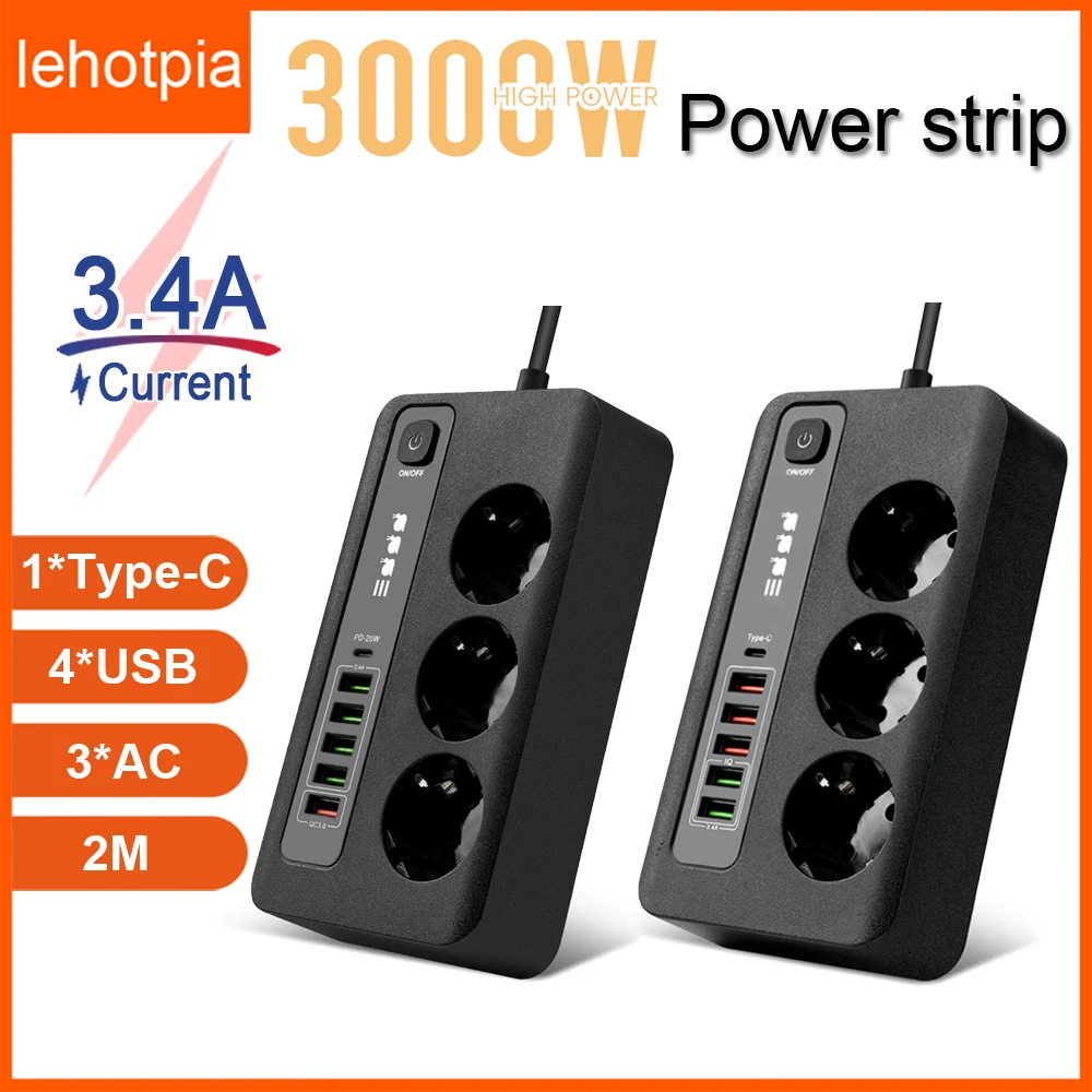 

EU Power Strip AC Outlet Multitap Extension Cord Electrical Overload Protection Socket With USB Ports Multiprise Network Filter