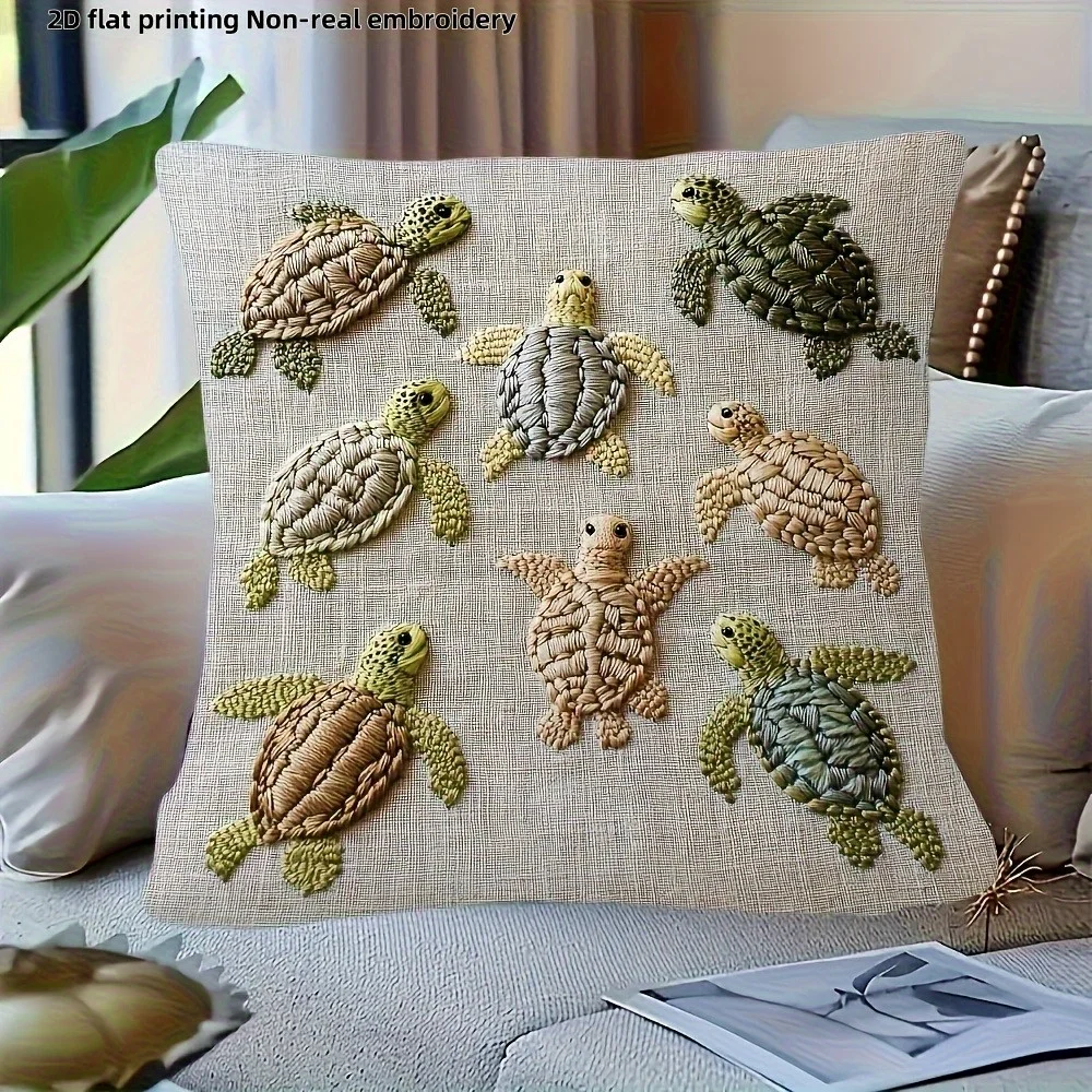 Sea Turtle Pillow Cover 2D Faux Embroidery Print Coastal Ocean Animal Cushion Case for Sofa Bed Couch Beach Nautical Home Decor