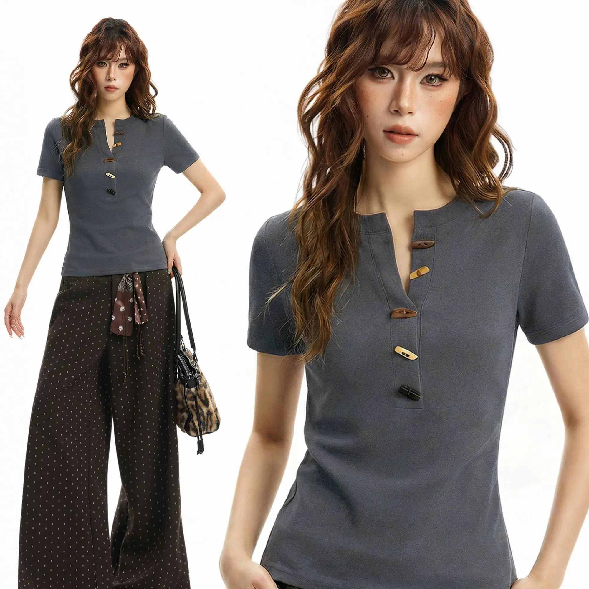 Gray Shoulder Henry Neck Corner Button Short Sleeve T-Shirt Women's Summer Slim Short Top