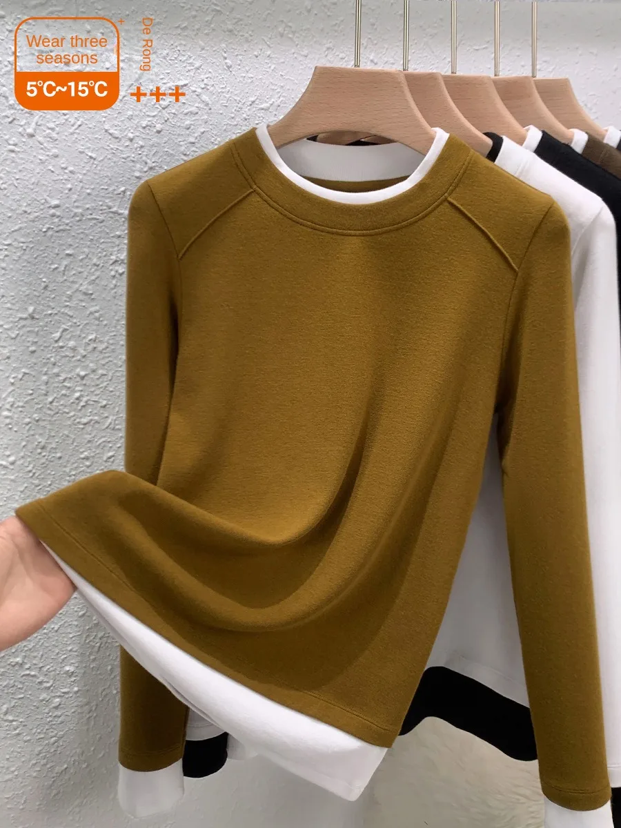 2024 spring new round neck inner bottoming shirt women's front shoulder t-shirt slim-fit fake two-piece contrasting splicing top