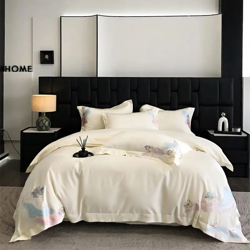 1000TC Egyptian Cotton Colorful Flowers Embroidery Luxury Bedding Set Duvet Cover Set Flat/Fitted Bed Sheet Pillowcases 4Pcs