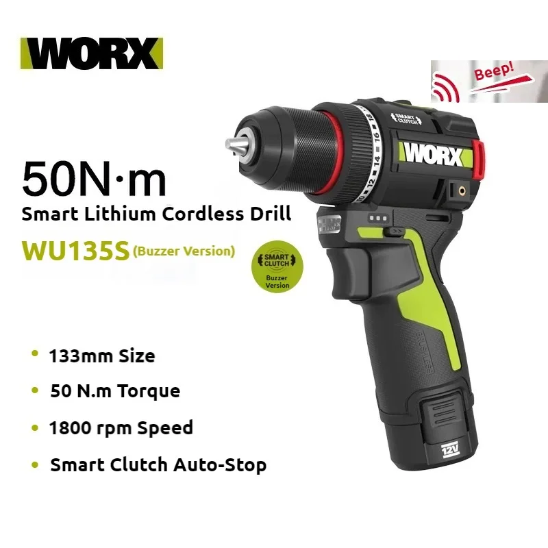 WORX WU135S Buzzer Version Cordless Electric Drill 12V 50Nm 1800rpm Smart Clucth Auto Stop 2Speed Adjust  Home Power Tools