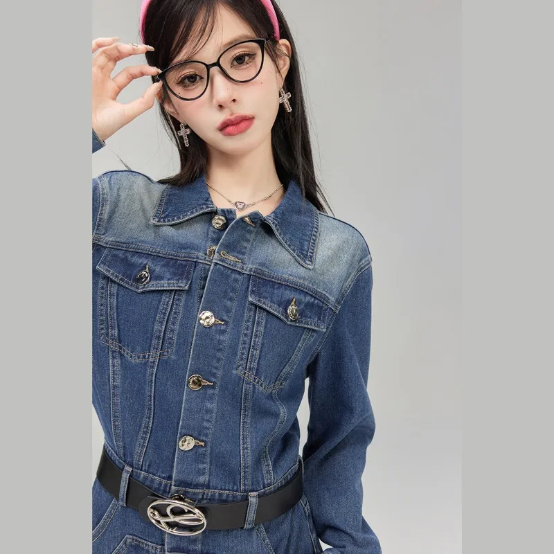 Women Vintage Washed Denim Shirt Dress Long Sleeve Belted Waist Button Mini Dress
