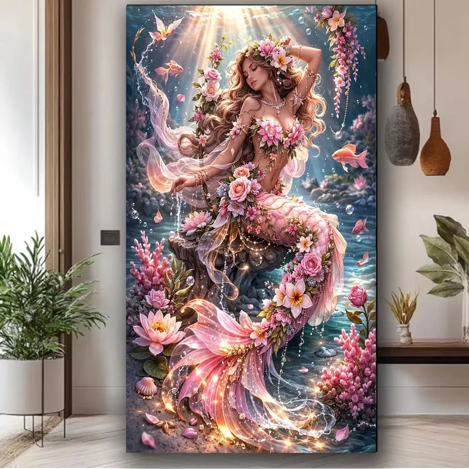 Peinture Diamantée Magique Sous-Marine Rose Sirène Florale Poisson Rouge Coquillage Portrait, Décoration Murale pour Salon & Entrée & Cadeau