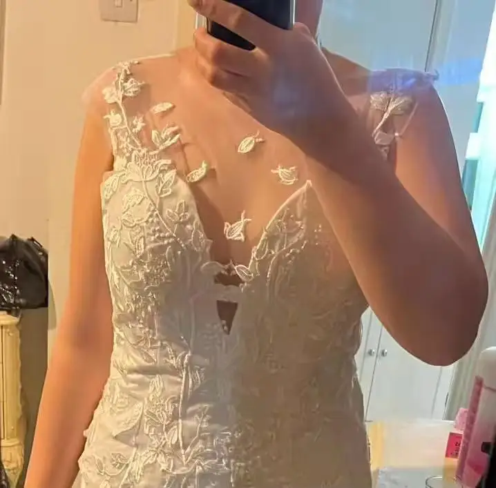 Vestido de novia personalizado de manga corta, apliques de encaje, vestido de novia de sirena con tren desmontable sobre falda, vestidos de novia de