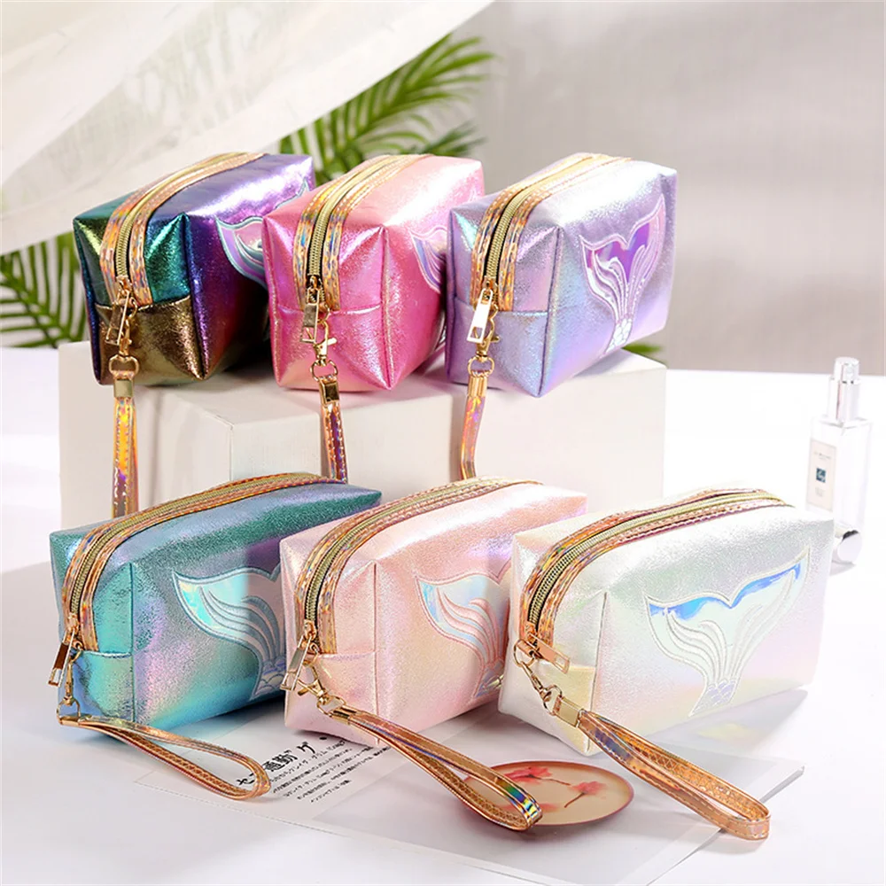 Mermaid Tail Women Laser Cosmetic Bag Toiletry Wash Storage Bag Portable PU Leather Waterproof Travel Lipstick Makeup Organizer