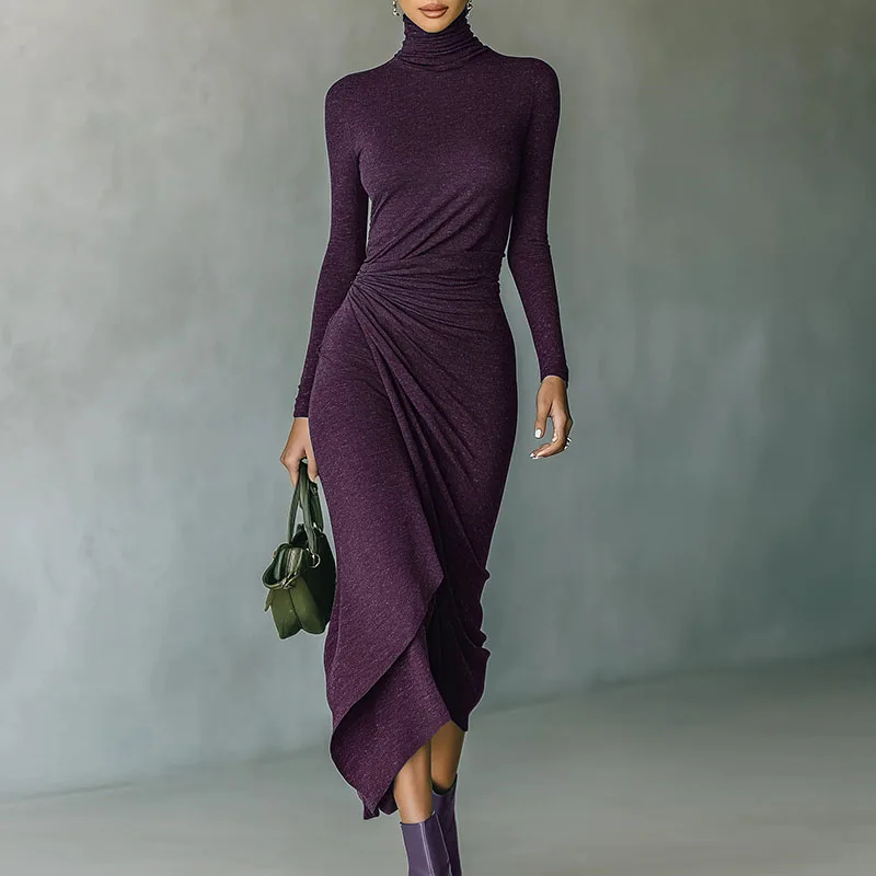 2026 Spring Casual Turtleneck Slim Irregular Dress Woman Elegant Solid Draped Long Dress New Autumn Long Sleeve Femme Boho Dress