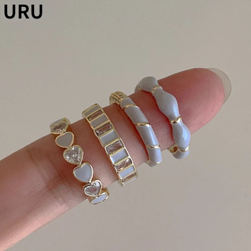 FashionJewelry Grey Enamel Zircon Heart Metal Opening Rings For Women Female Retro Personality Temperament Finger Accessories