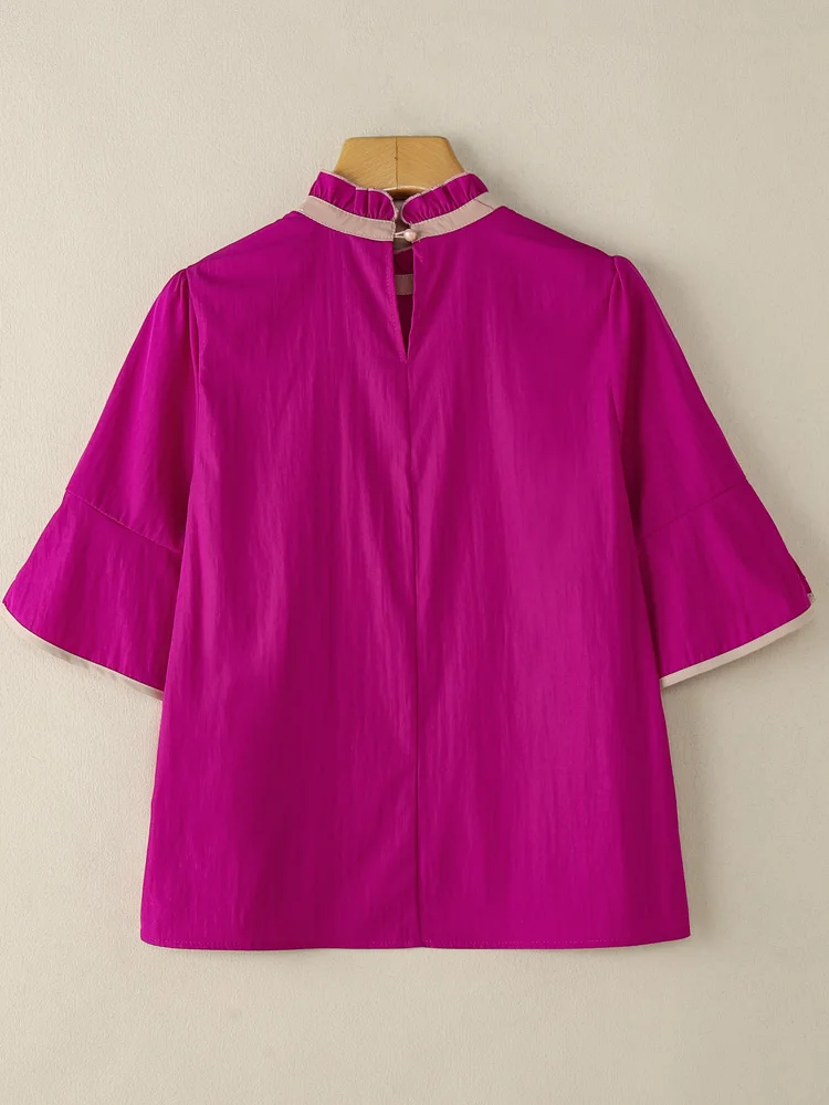 2025 ZANZEA بلوزة صيفية أنيقة للنساء OL قميص عمل غير رسمي مرقع بلوزات نسائية برقبة واقفة نصف كم #5