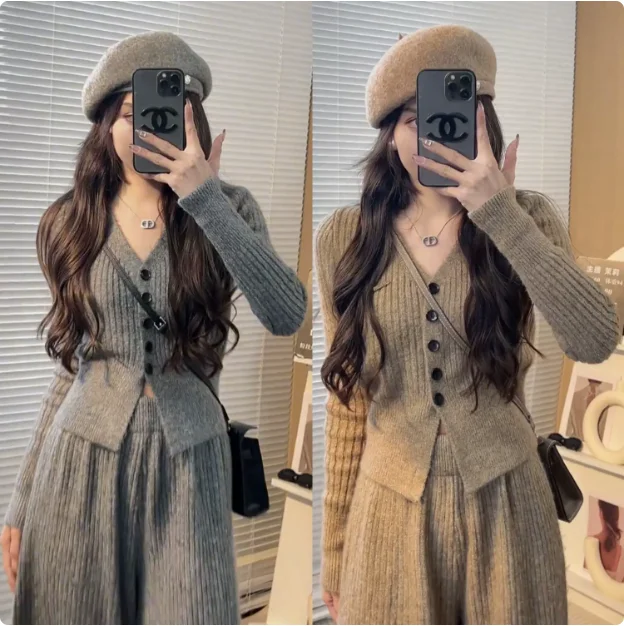 Salt System Early Autumn Outfit Set 2024 New Women's Fashion Sweater Wide Leg Pants Two Piece Set Small Fragrance Style