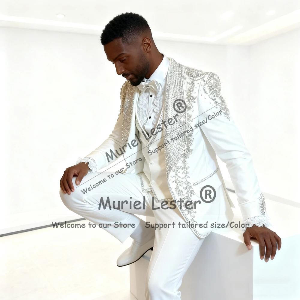 

Блестящие бисерные кристаллы, свадебный костюм, смокинги, этикетка с блестками, пиджаки для жениха, индивидуальные мужские банкетные наряды, костюм Homme, 3 шт.