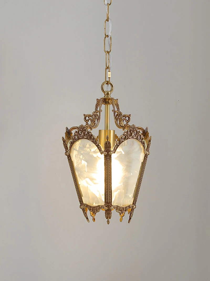 

European Retro French Style Copper Pendant Light Glass Ice Chandelier Bedroom Porch Cloakroom Brass Hanging Light