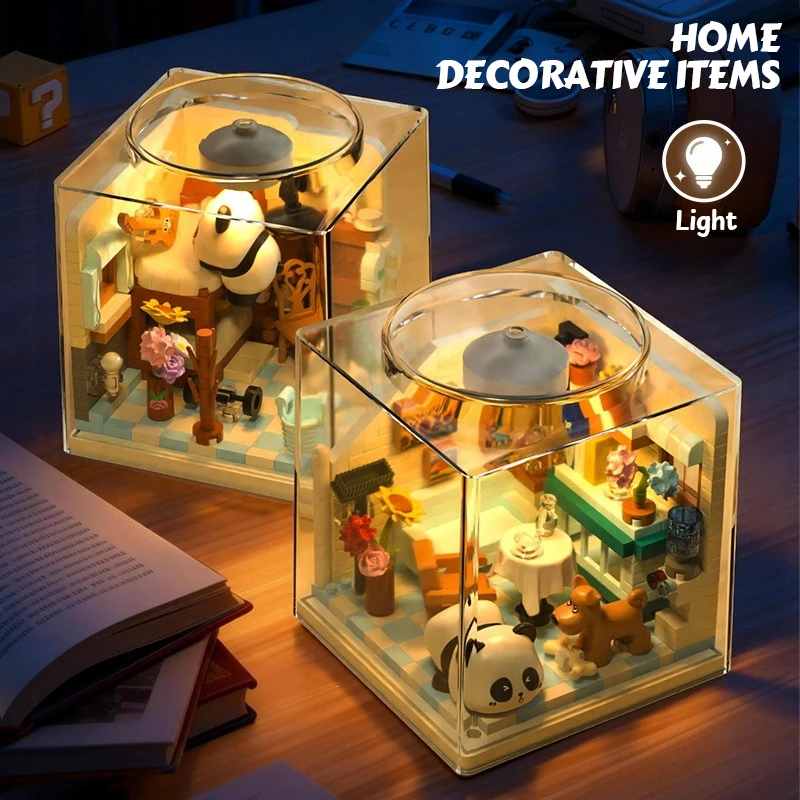 DIY Panda bedroom House Building Blocks Daily Life Micro Bricks Set with Lights Dust Cover Miniature Scene Collection Home Decor