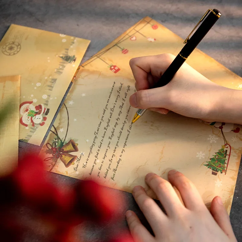 Juego de sobres de papel de escritura de Navidad, papel de carta bonito, dibujos animados de Papá Noel, muñeco de nieve, regalo para amigos