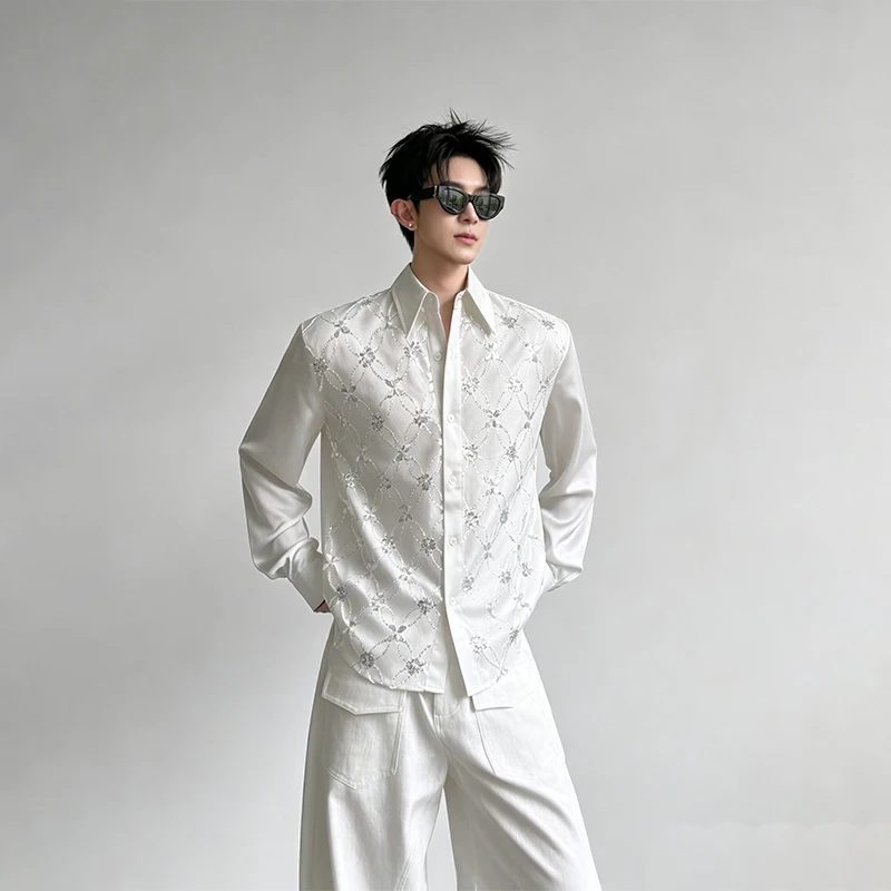 WTHT Fashion Men's Heavy Industy Spliced Sequins Lace Design Shirts Trendy Lapel Long Sleeves Casual Top Male 2026 Summer 2A3085