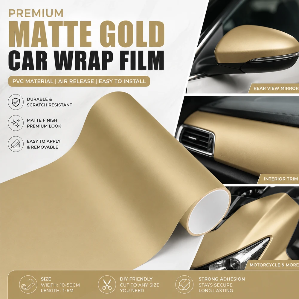 Car Vinyl Wrap Roll Film Matte Gold DIY Motorcycle Body Styling Decal Auto Interior Console Modification Film Air Release Cover