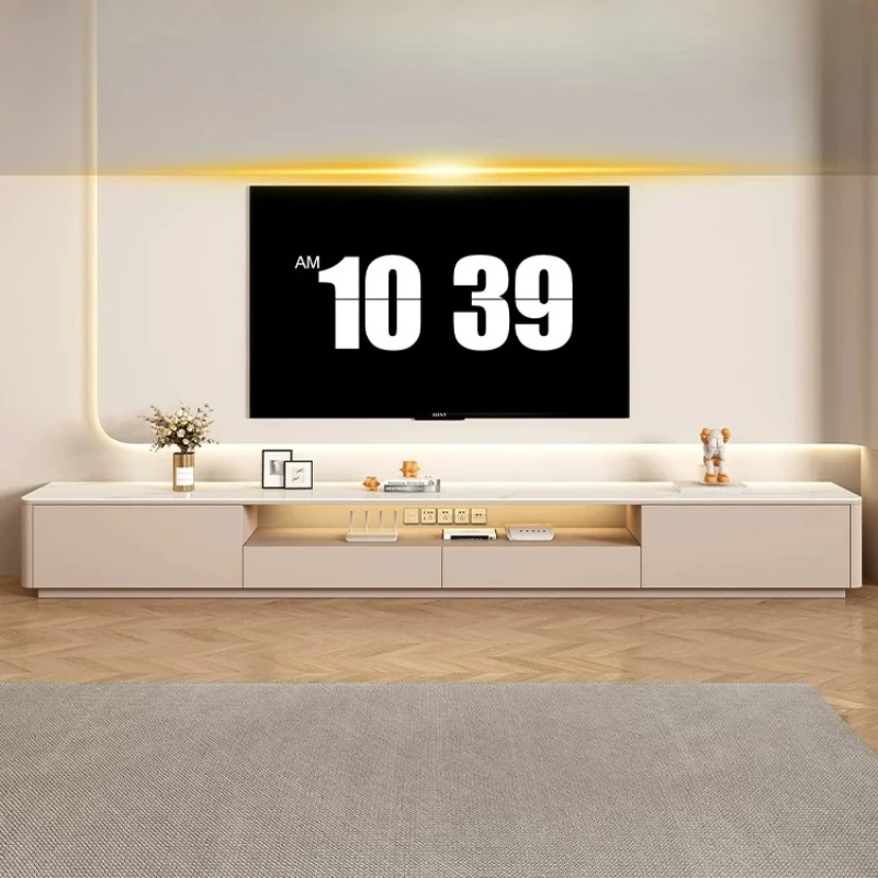 F*-Modern Cream Beige TV Stand, White Wood Grain Top Cabinet With Middle Open Grid, Push-open Drawer