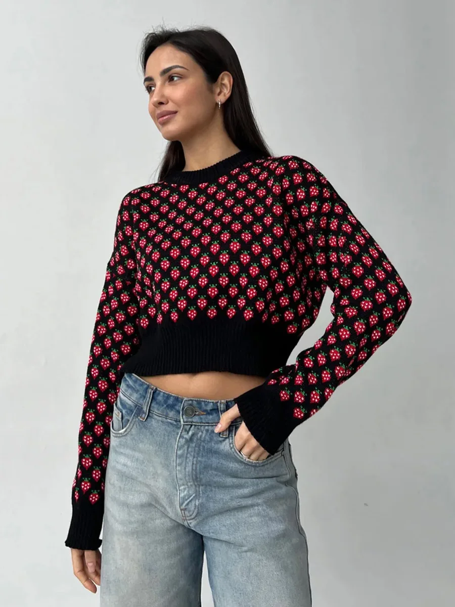 Bornladies 여성 가을 ​​겨울 새로운 딸기 자카드 스웨터 o 넥 긴 소매 루즈 피트 캐주얼 점퍼