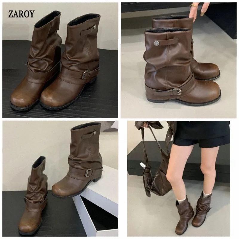 ZAROY Western Cowboy Boots Winter Pleated Round Toe Metal Belt Buckle Knight Botas Casual Block Heel Women Ankle Booties 