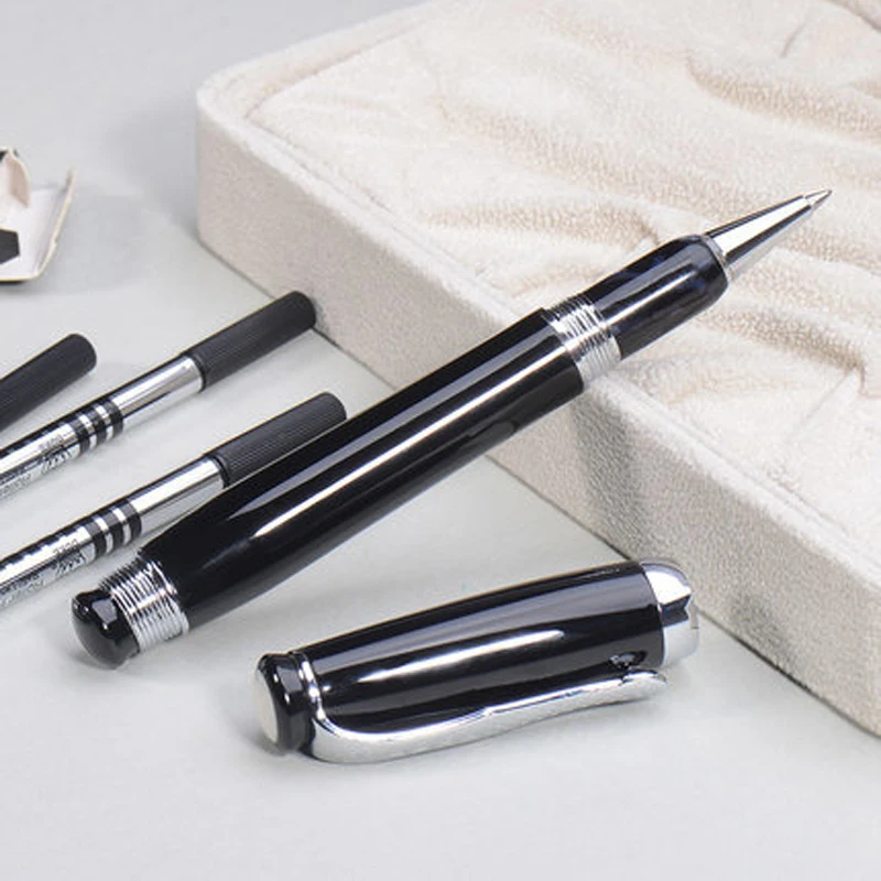 Duke Black Metal Tutor Roller Ball Pen Natural Pearl on Top Refillable Silver Trim Professional Office Stationery Writing Tool