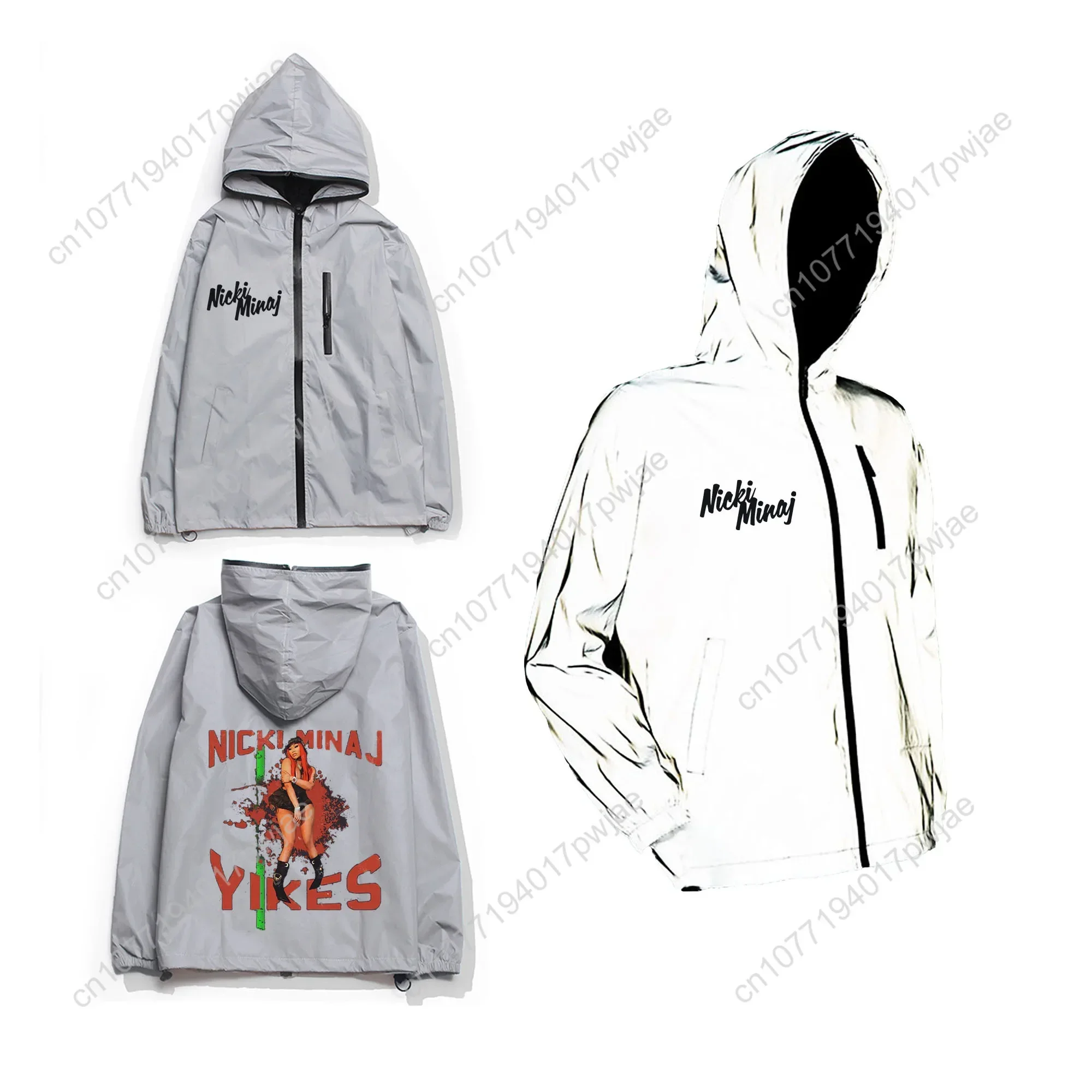 Hot Rapper N-Nicki Minaj Reflective Jacket Men Women Coat Hooded Windbreaker Run Pocket Jackets Hiking Zipper Customized Hoodie