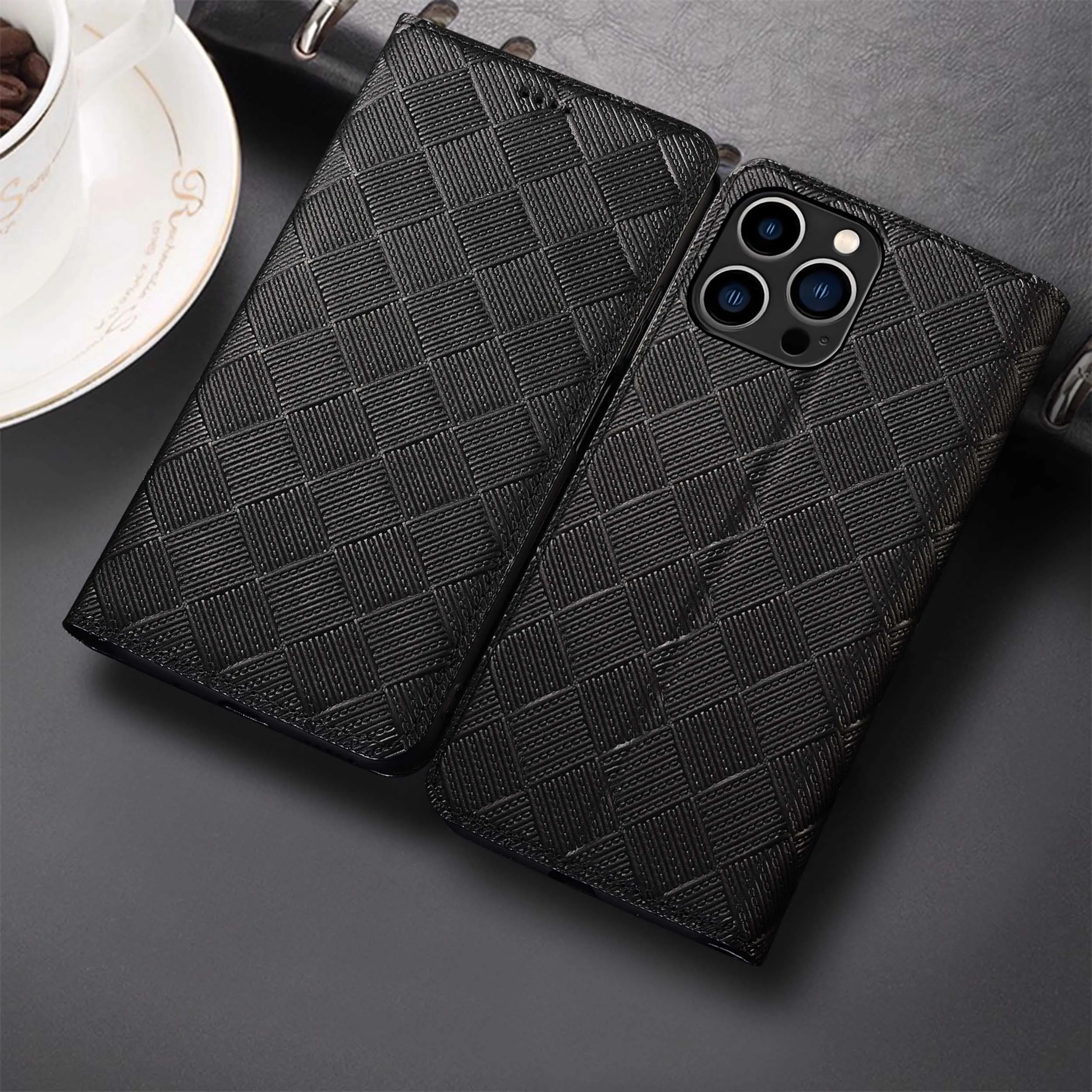 

For Apple iphone 5 6 6S 7 8 X XS XR SE Max Plus Knit Pattern Genuine Leather Wallet Flip Phone Cover Case Cowhide Scratch-Proof