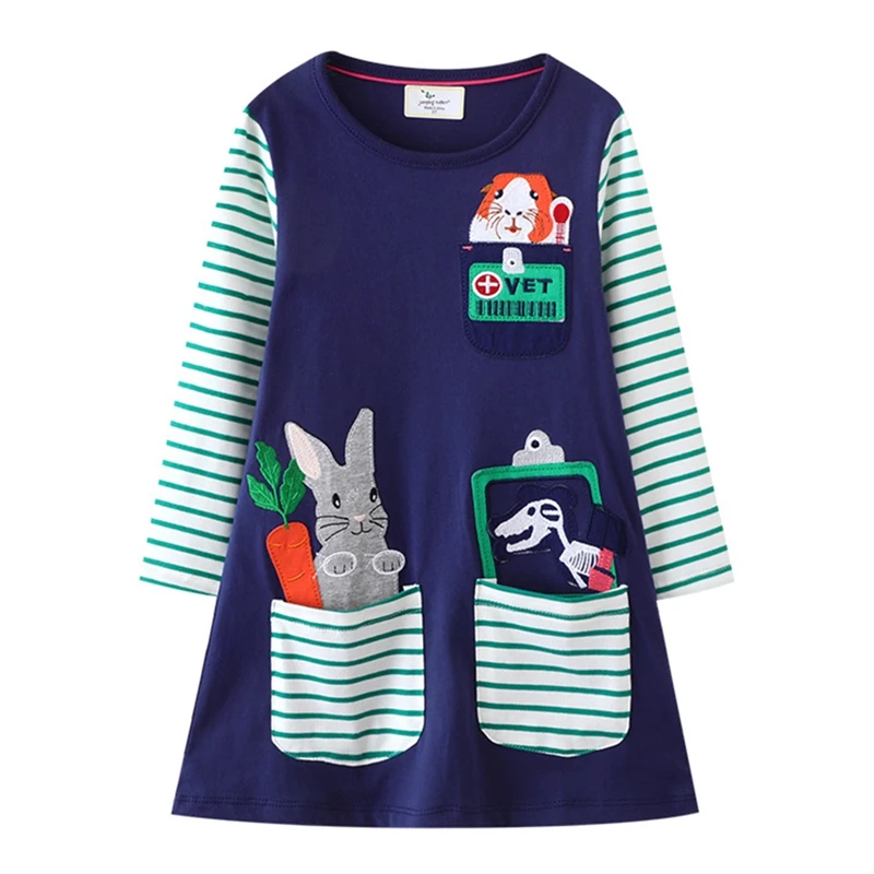 Spring Autumn Girls Dress Long Sleeve Stripe Patchwork Embroidered Children Dresses Knitted Cartoon Princess Skirt Kids Clothes 