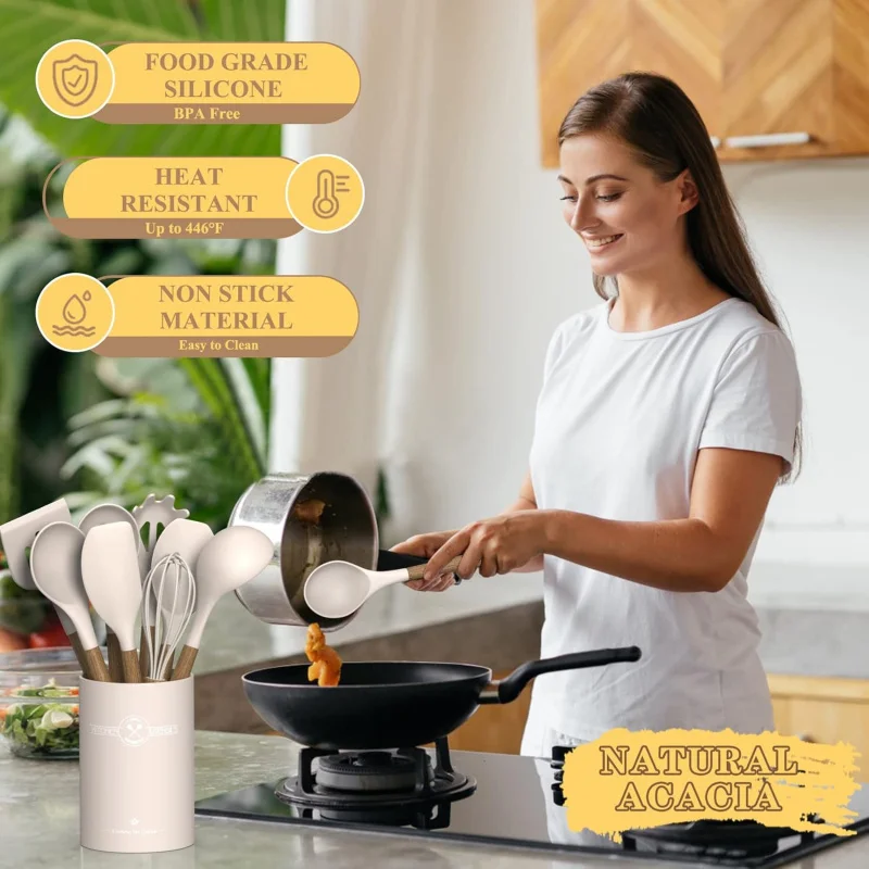 Silicone Kitchen Cooking Utensil Set, 9Pcs Kitchen Utensils Spatula Set with Wooden Handle Nonstick Cookware, 446 °F Heat Re