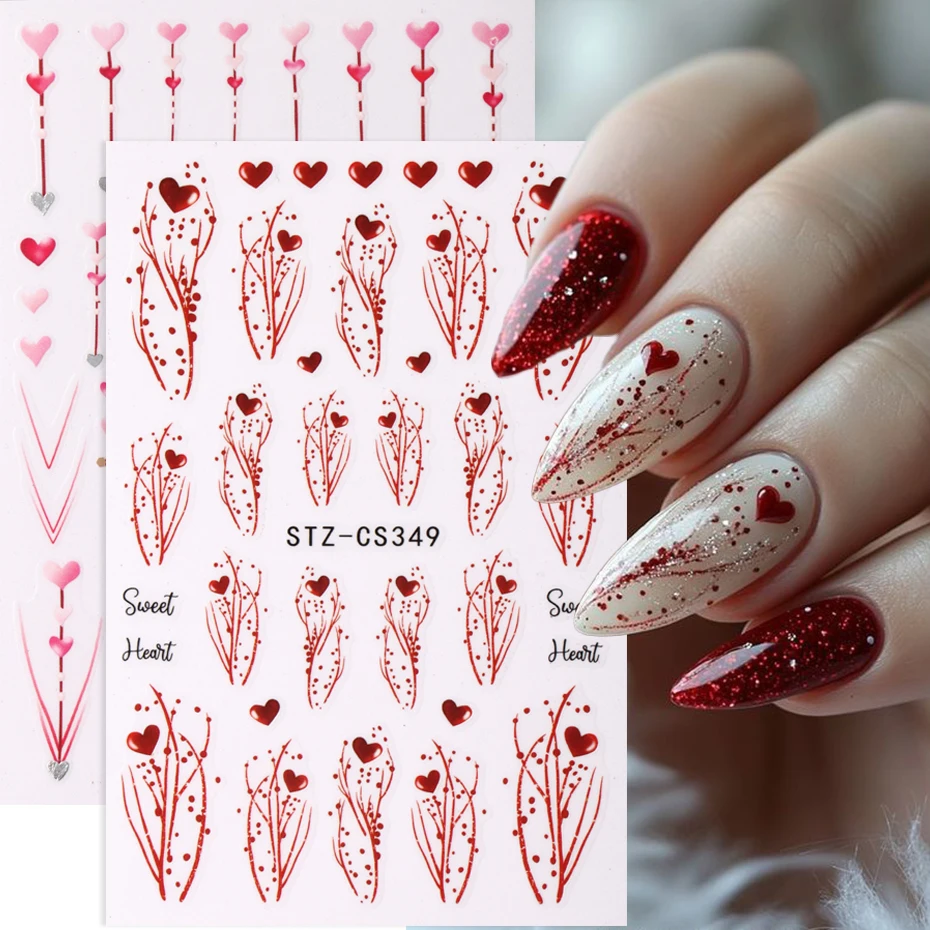 Ensemble d'autocollants pour ongles en forme de cœur, décalcomanies pour ongles en forme de cœur, ligne rouge et rose, modèles d'ongles auto-adhésifs romantiques pour femmes et s, accessoires pour ongles